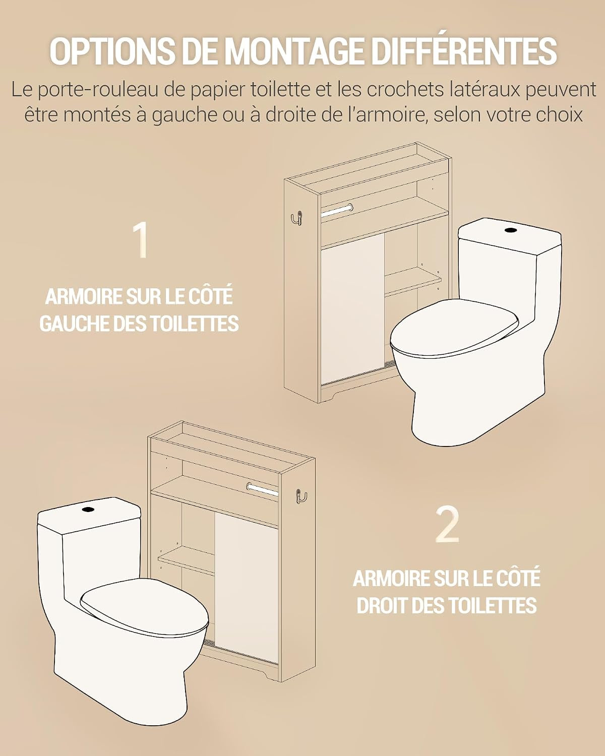 Meuble De Salle De Bain, Meuble Toilette Avec Rangement Papier Toilette Et Crochets, Portes Coulissantes, Étagère Réglable, 20 X 60 X 80 Cm, Blanc BC62813X