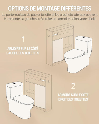 Meuble De Salle De Bain, Meuble Toilette Avec Rangement Papier Toilette Et Crochets, Portes Coulissantes, Étagère Réglable, 20 X 60 X 80 Cm, Blanc BC62813X