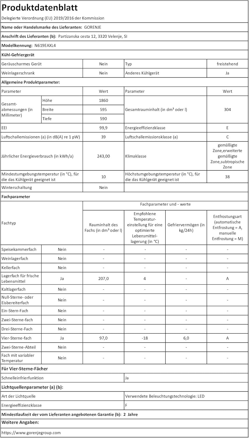 N619EAXL4 Réfrigérateur-Congélateur Autoportante 304 L E Acier Inoxydable