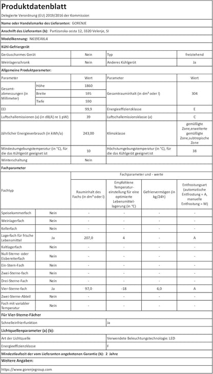 N619EAXL4 Réfrigérateur-Congélateur Autoportante 304 L E Acier Inoxydable