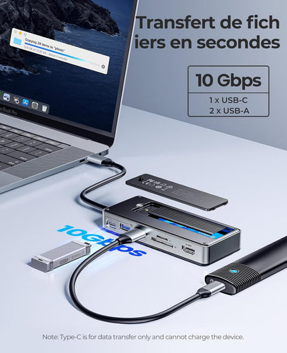 8-En-1 Station D'Accueil USB C Avec Boîtier SSD M.2, Hub USB C Avec SSD M.2 Nvme/Sata, Adaptateur Multiports USB 10Gbps, HDMI 4K@60Hz, 100W PD, SD/TF, Docking Station - OM28P
