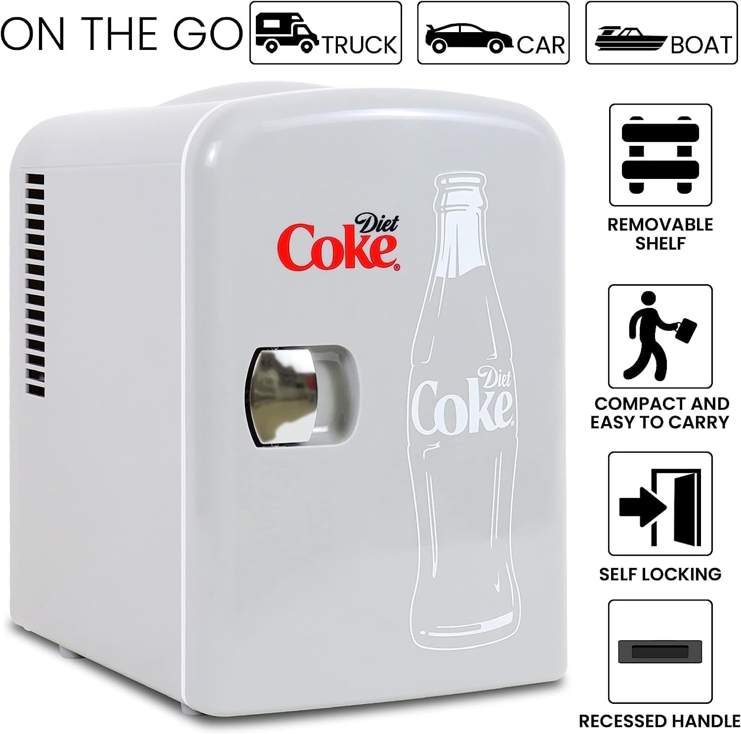 Cocacola Diet Coke Mini Réfrigérateur Thermoélectrique Portable 6 Canettes, 4 L4,2 Qt, Gris, 12 V CC220 V AC Pour Maison, Dortoir, Voiture, Bateau, Boissons, Collations, Soins De La Peau,