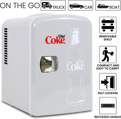 Cocacola Diet Coke Mini Réfrigérateur Thermoélectrique Portable 6 Canettes, 4 L4,2 Qt, Gris, 12 V CC220 V AC Pour Maison, Dortoir, Voiture, Bateau, Boissons, Collations, Soins De La Peau,