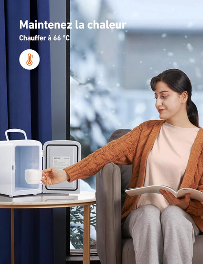 Mini Frigo De Chambre, 4 Litres / 6 Canettes 330Ml, 12V/220V, Petit Frigo Cosmetique, Mini Réfrigérateur Voiture Portable, Glacière Électrique, Fonction Chaud/Froid (Blanc)