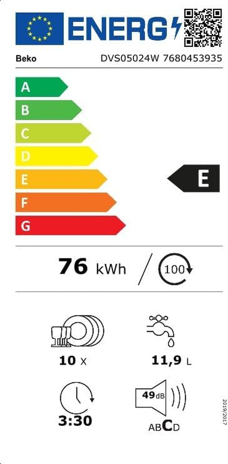 Beko DVS05024W Lave-Vaisselle Autoportante 10 Couverts E