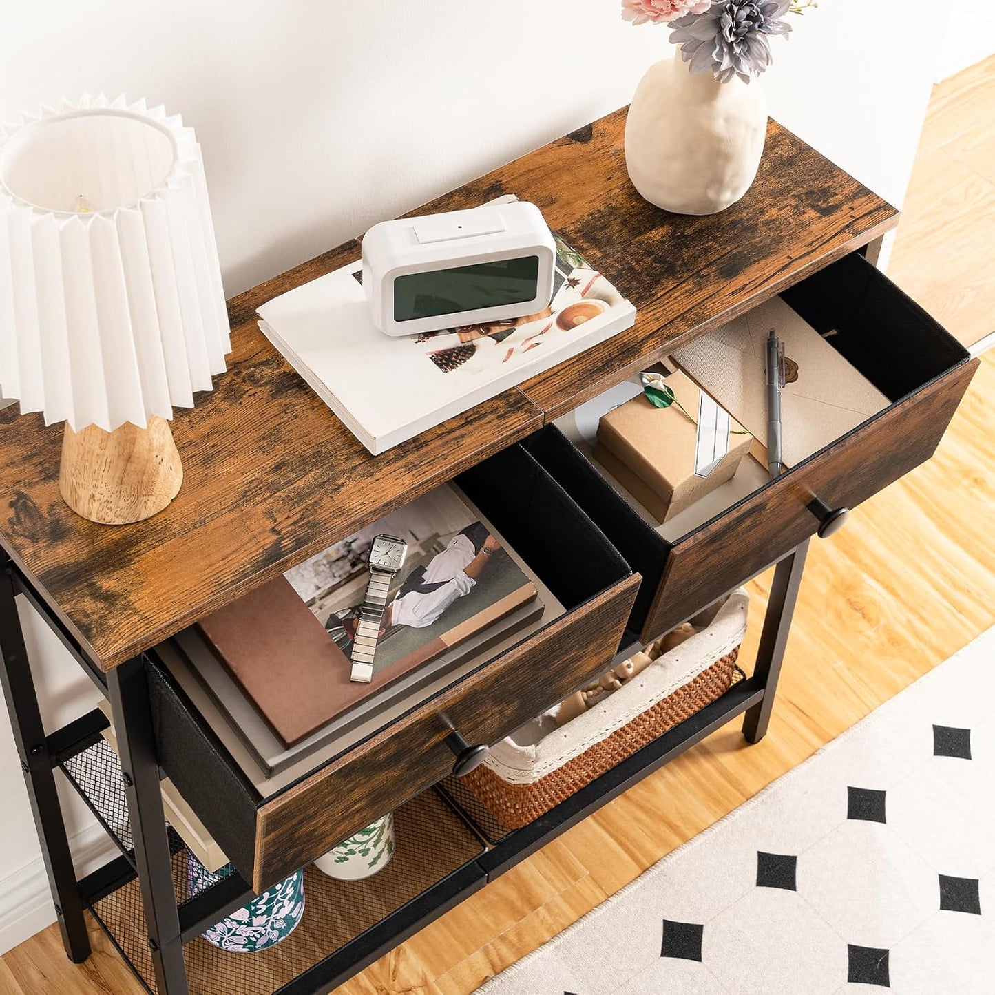 Console Meuble, 75 Cm Table Console, D'Entrée Avec 2 Tiroirs En Tissu, Table D’Appoint, Bout De Canapé, Pour Entrée, Salon, Style Industriel, Marron Rustique Et Noir EBF72XG01