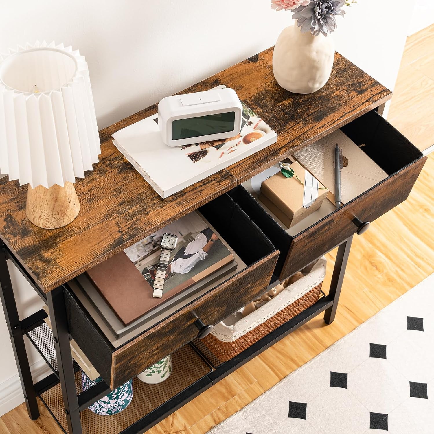 Console Meuble, 75 Cm Table Console, D'Entrée Avec 2 Tiroirs En Tissu, Table D’Appoint, Bout De Canapé, Pour Entrée, Salon, Style Industriel, Marron Rustique Et Noir EBF72XG01
