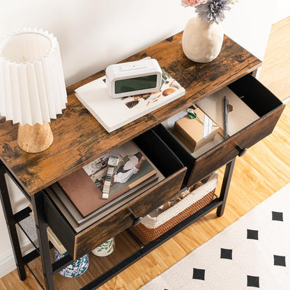 Console Meuble, 75 Cm Table Console, D'Entrée Avec 2 Tiroirs En Tissu, Table D’Appoint, Bout De Canapé, Pour Entrée, Salon, Style Industriel, Marron Rustique Et Noir EBF72XG01
