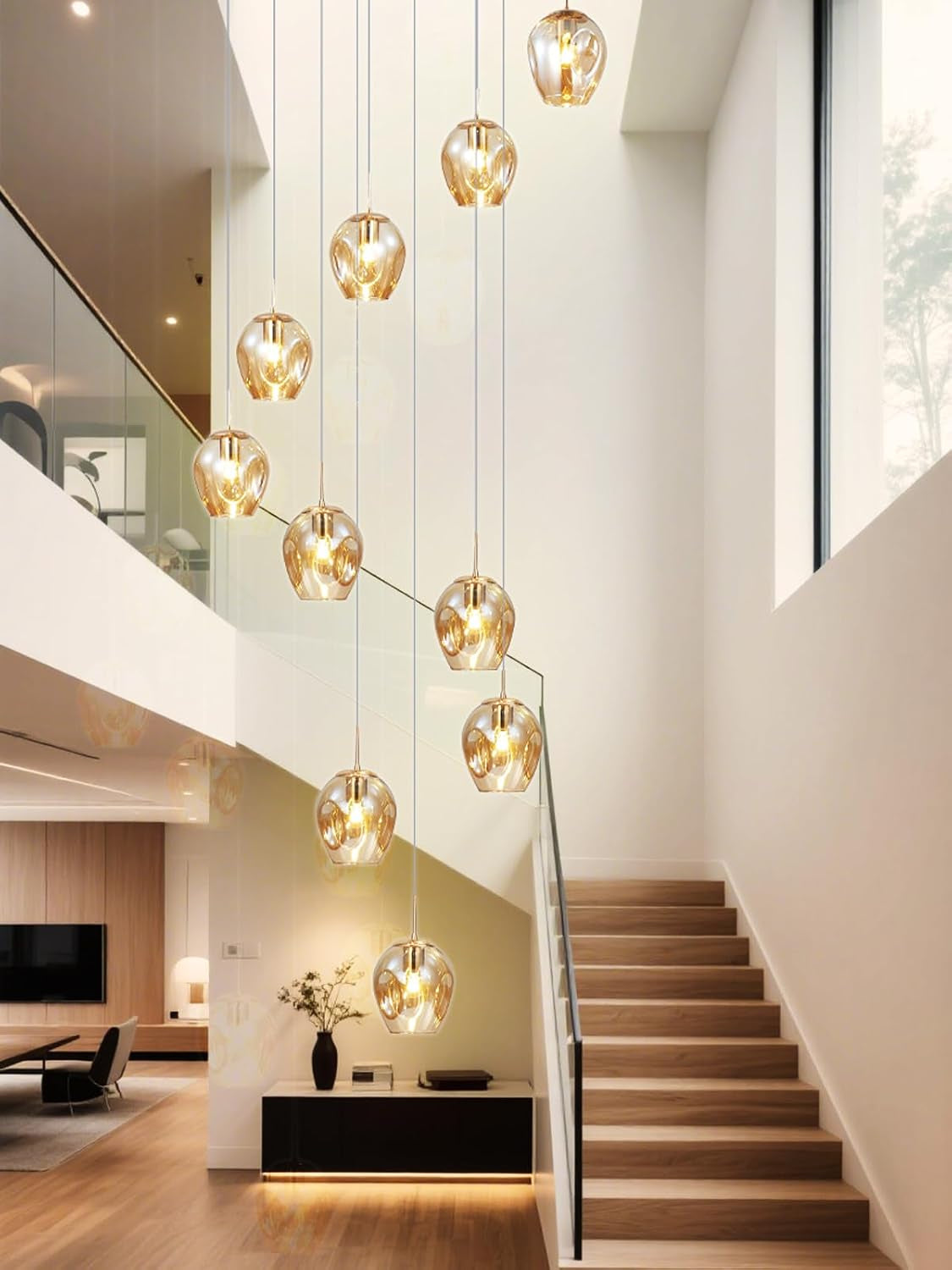 Moderne Escalier Suspendu Lustre,Plafonnier Lustre Verre Boule Suspension,Lampe Led,Grand Multi Ampoule Luminaire Suspendu Pour Salon,Cage Descalier,Couloir,Villa (10 Lights)