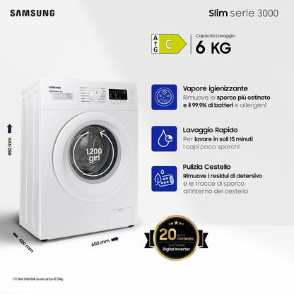 Machine À Laver  WW60A3120WE/ET Slim, Autonome, 6 Kg, 1200 Tr/Min, Vapeur, Chargement Frontal, 85 X 59,5 X 40 Cm, Blanc
