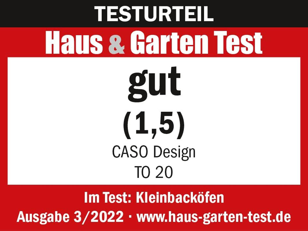 CASO to 20 – Four Design, 5 Fonctions : Recirculation, Tournebroche Avec Moteur, Chaleur De Voûte, Chaleur De Sole, Chaleur De Voûte Et De Sole, Réglage En Continu De La Température De 70 À 230 °C,