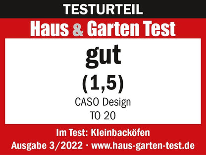 CASO to 20 – Four Design, 5 Fonctions : Recirculation, Tournebroche Avec Moteur, Chaleur De Voûte, Chaleur De Sole, Chaleur De Voûte Et De Sole, Réglage En Continu De La Température De 70 À 230 °C,