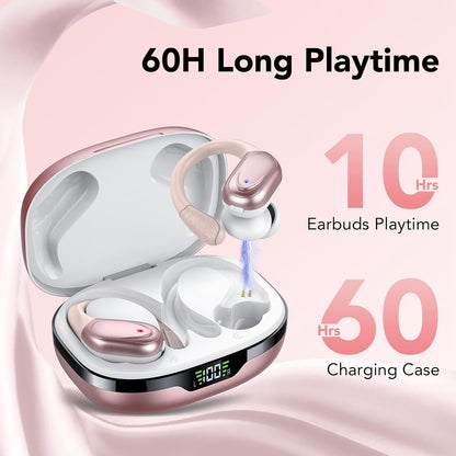 Ecouteurs Bluetooth Sans Fil, Casque Bluetooth 5.3, 60 Heures Avec Affichage LED, Appel ENC HD, Basses Profondes, Ajustement Confortable, IPX7 Étanche Casque Sport(Or Rose).