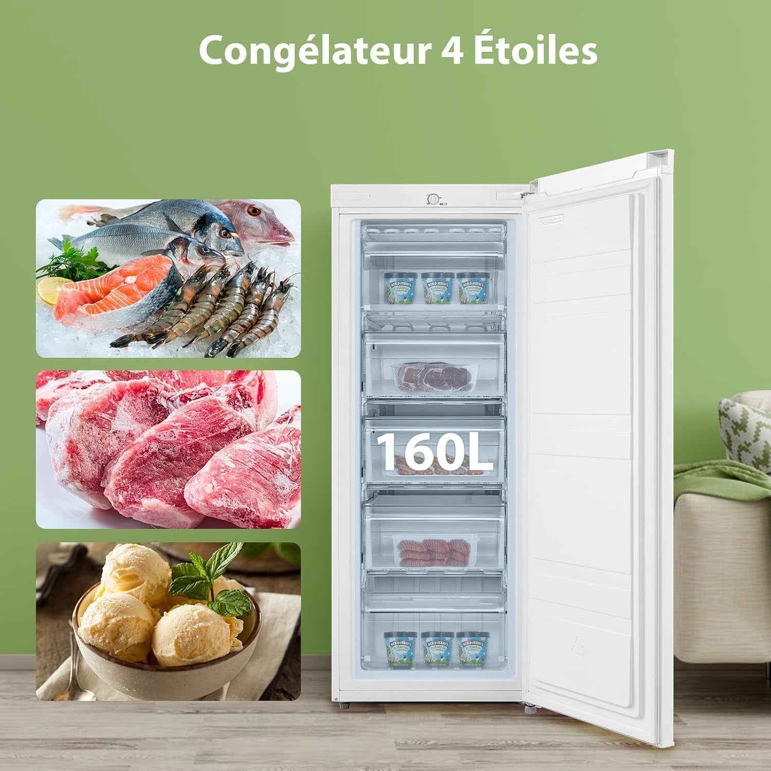 ' 160L Congélateur Armoire, Réglage De La Température, Blanc | Porte Réversible, 42 Db Silencieux, 183 Kwh/An, Thermostat Réglable, Pieds Ajustables, Puissance De Congélation Élevée