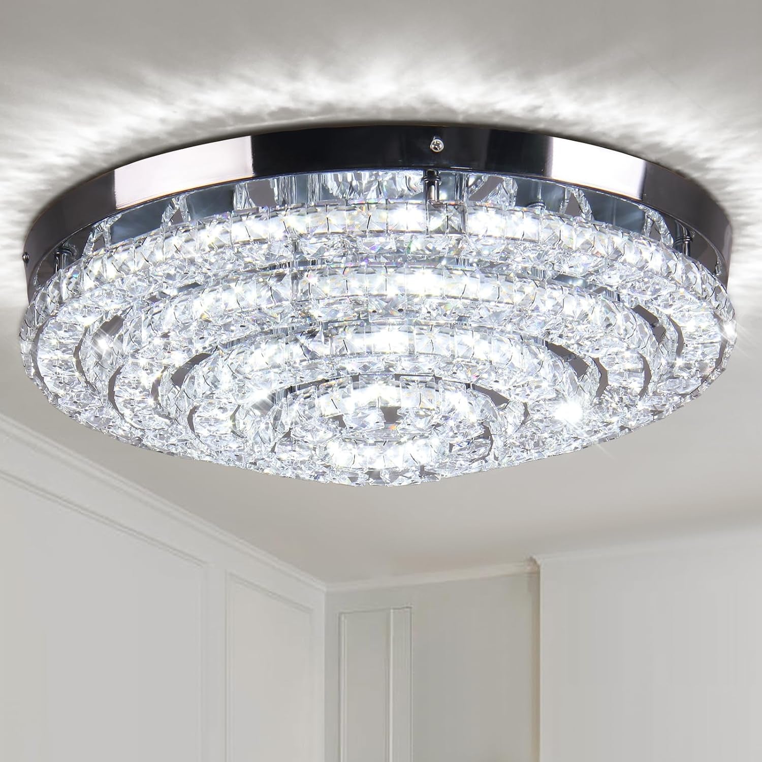 Lustre En Cristal Plafonnier Encastré Moderne Grand Lustre LED Entrée Chambre Salon Salle À Manger (Blanc Froid 6000K)