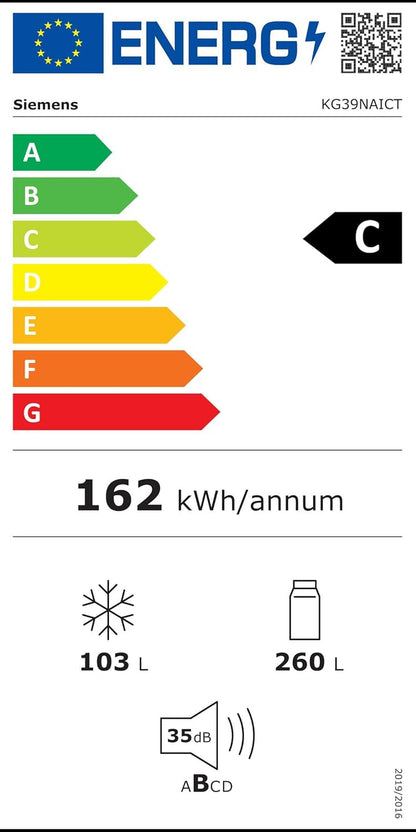Iq500 KG39NAICT Réfrigérateur-Congélateur Autoportante 363 L C Acier Inoxydable