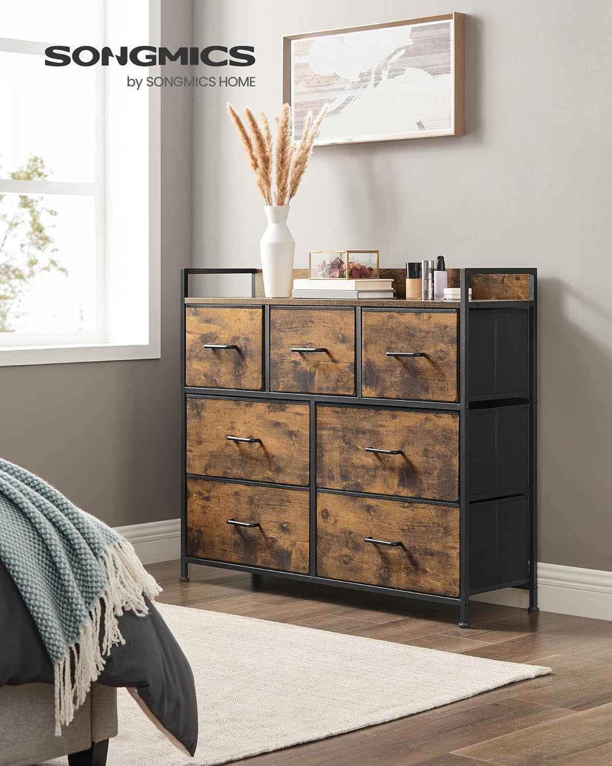 BELLAH Collection - Armoire, Meuble De Rangement, 5 Tiroirs En Tissu Avec Poignées, Cadre En Métal, Style Moderne, Marron Rustique Et Noir D'Encre LTS137BH01 | Design Basique Moderne, Encre Noire Et Marron Rustique, Collection BELLAH LTS137B01