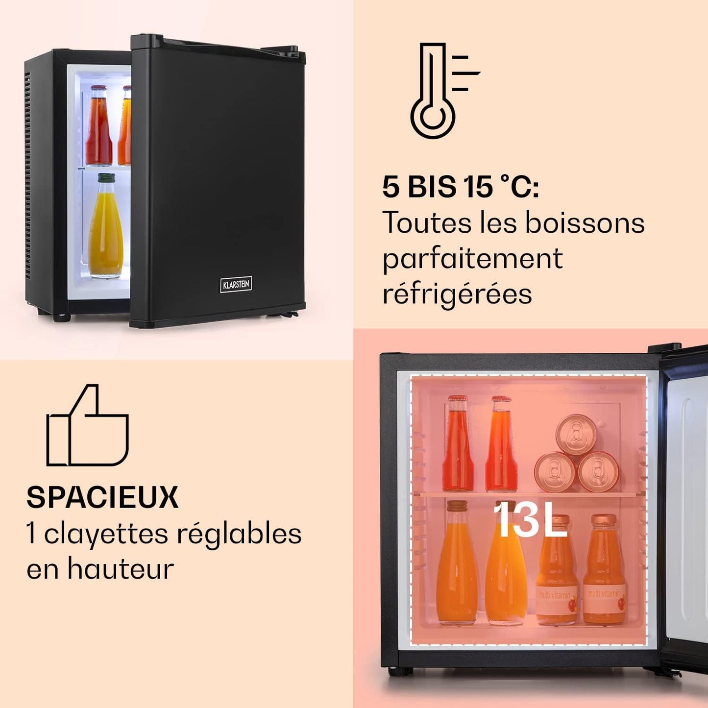 Mini Frigo De Chambre De 13L Pour Snacks Et Boissons, Petit Frigo Top Silencieux, Mini Bar, Petit Réfrigérateur Camping, Mini Frigo Cosmetique, Refrigerateur Avec Étagères Réglables, 5-15°C