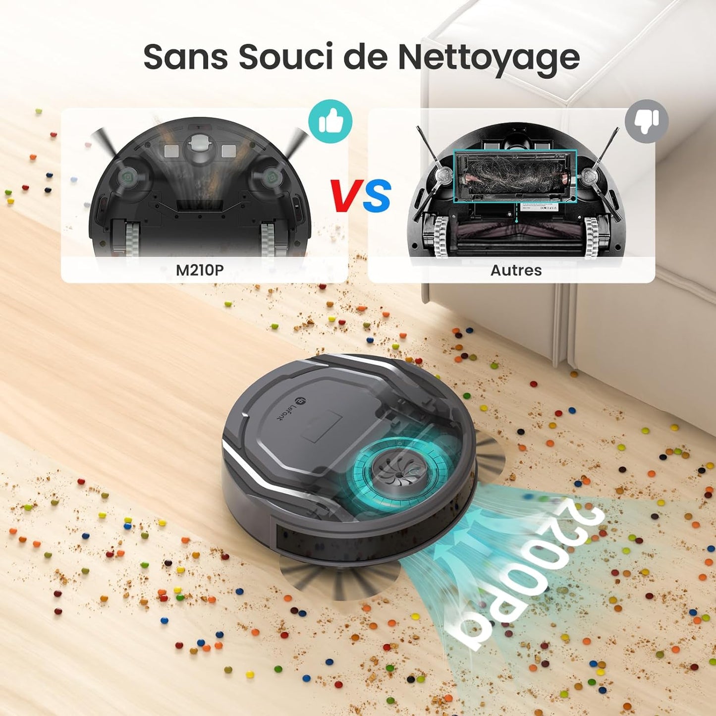 Aspirateur Robot, Mince Silencieux Connecté Wifi/Bluetooth/Alexa/App, 6 Modes De Nettoyage, Auto-Charge, 120Min D'Autonomie, Idéal Pour Poils D'Animaux Sols Tapis, M210P Girs