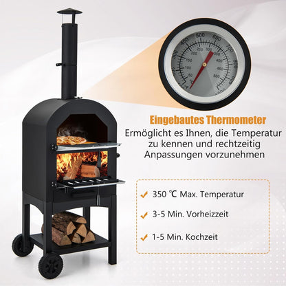 Four À Pizza 2 En 1 D'Extérieur Avec Pelle À Pizza, Grilles, Thermomètre Et Couvercle Étanche, Avec Poignée, Roues Pour Fête, Camping, Pique-Nique, Barbecue