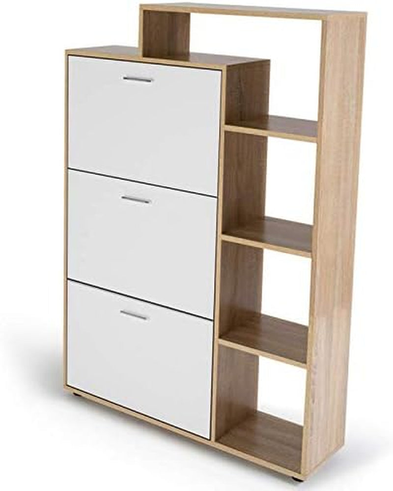 - Meuble À Chaussures 18 Paires KLARK Imitation Hêtre | Avec 3 Portes Blanches Avec Étagère