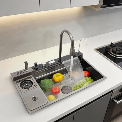 Évier De Cuisine En Acier Inoxydable, Cascade, 82 X 48 X 23 Cm, Touches De Piano, Purgé En Verre, Poubelle, Multifonction, Robinet, Planche À Découper, Panier D’Écoulement