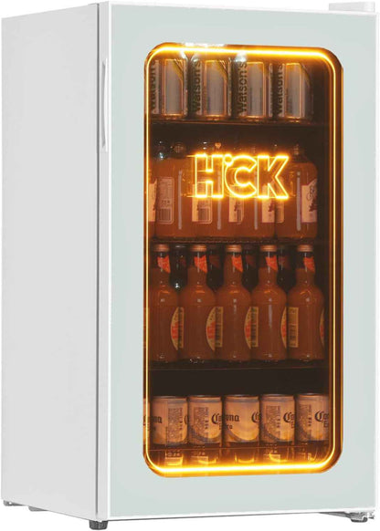 Réfrigérateur Pour Boissons De 98 L, Mini Réfrigérateur Avec Éclairage Orange 3D Et Porte En Verre, Réfrigérateur Compact De 105 Canettes Avec Étagères Réglables Pour Soda, Bière Ou Vin(Blanc)
