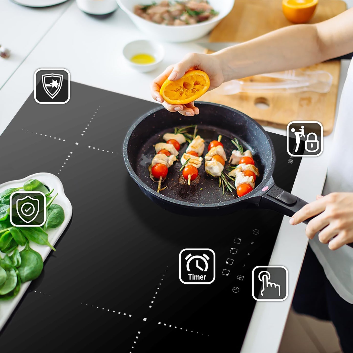 Cuisinière 60Cm Four Encastrable BO8805SS | 59Cm Plaque Induction IH85900RL | Gril | Air Chaud | Timer Automatique | Double Vitrage D'Isolation Thermique | Sécurité Enfant | SET8805IH859RL