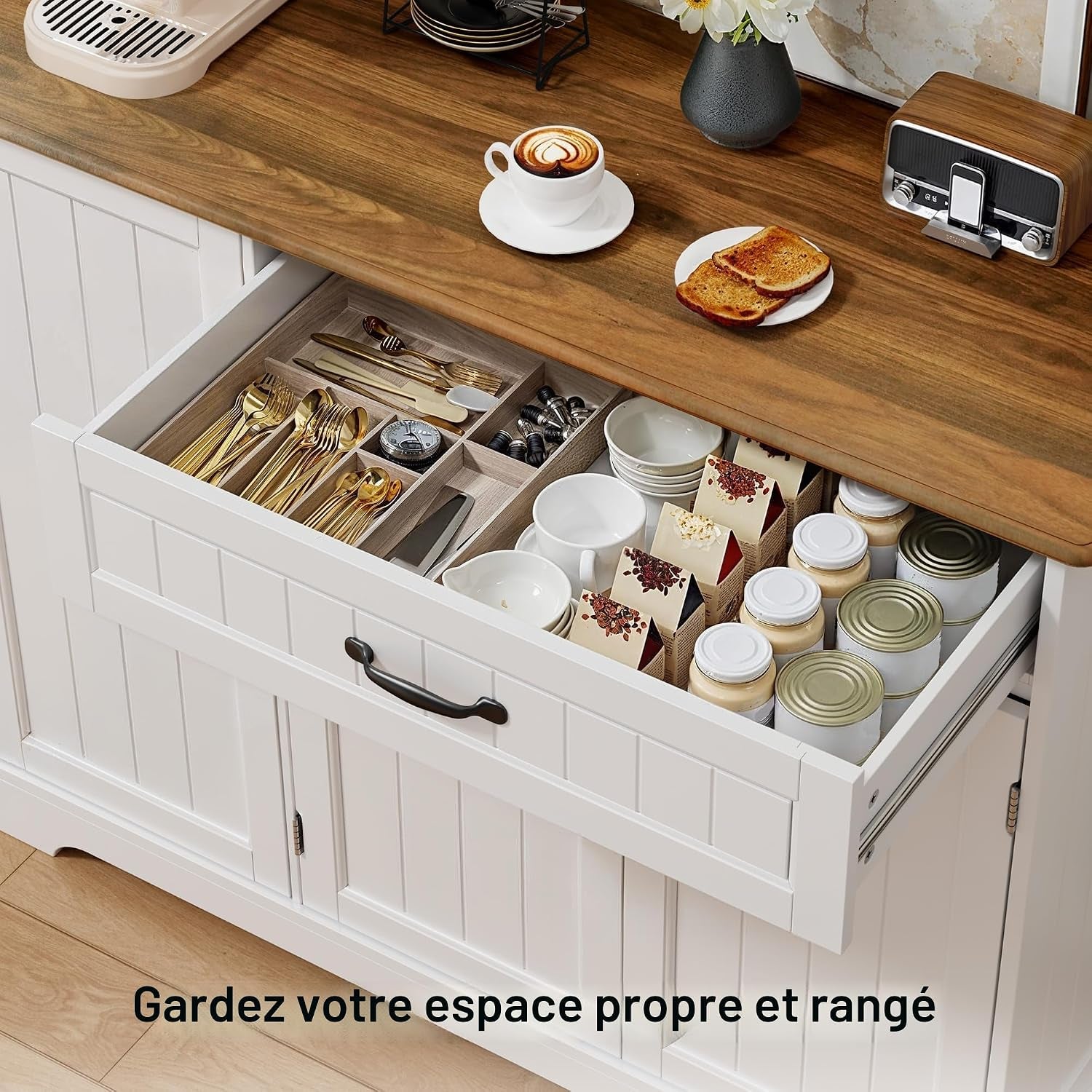 Buffet Avec 1 Tiroir, Étagère De Porte À 3 Niveaux Et Grand Espace De Rangement, Buffet Avec Dispositif Anti-Basculement Et Coins Arrondis, Pour Cuisine, Salon Ou Chambre À Coucher, Vintage