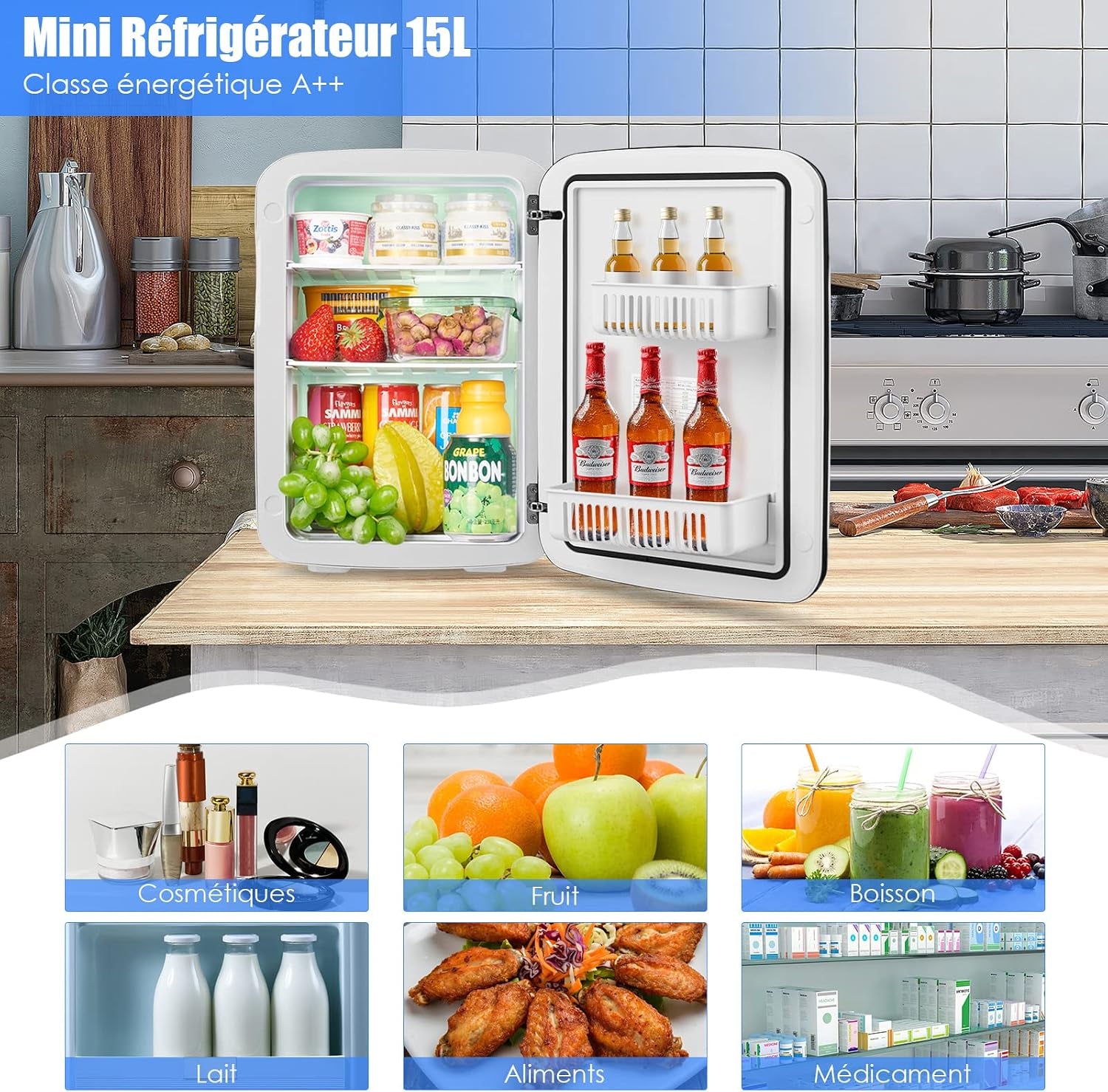 Mini Réfrigérateur 15L Portable -3 ℃ ~ 50 ℃ Pour Utilisation Ménager Automobile, Mini Frigo Réfrigerateur 1 Porte Avec Refroidissement Chauffage Pour Toutes Saisons (Blanc)