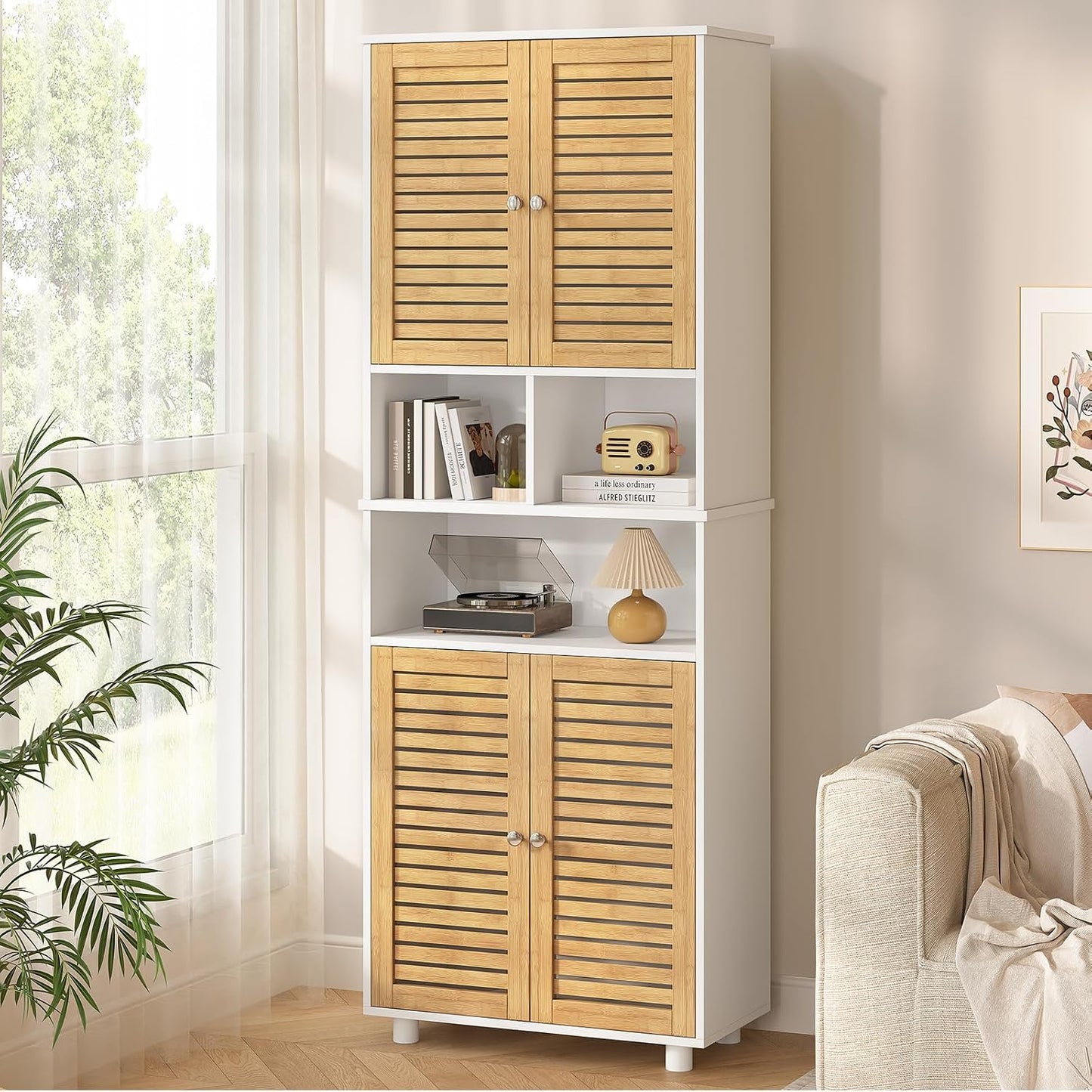 Meuble Colonne De Salle De Bain, Armoire Haute Cuisine Avec 3 Étagères Réglables Et Ouvertes, 4 Portes En Bambou, Meuble De Rangement Pour Salon, Cuisine, Salle De Bain, 60X30X170 Cm