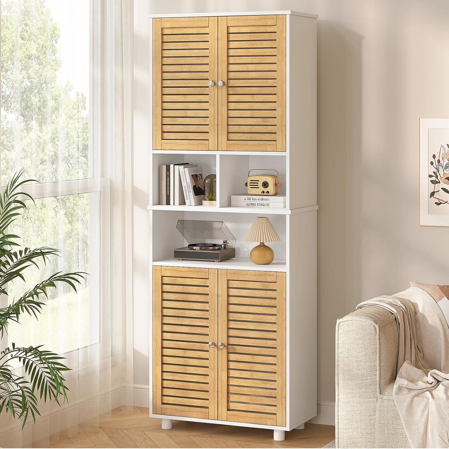 Meuble Colonne De Salle De Bain, Armoire Haute Cuisine Avec 3 Étagères Réglables Et Ouvertes, 4 Portes En Bambou, Meuble De Rangement Pour Salon, Cuisine, Salle De Bain, 60X30X170 Cm