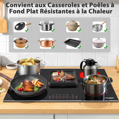 Plaque Vitrocéramique 5 Feux Avec Cadre | Plaque Électrique Encastrable 77CM, Contrôle Tactile Indépendant, 8400W, Zone Ovale Pour Grillade, Pause, Minuterie, 220V