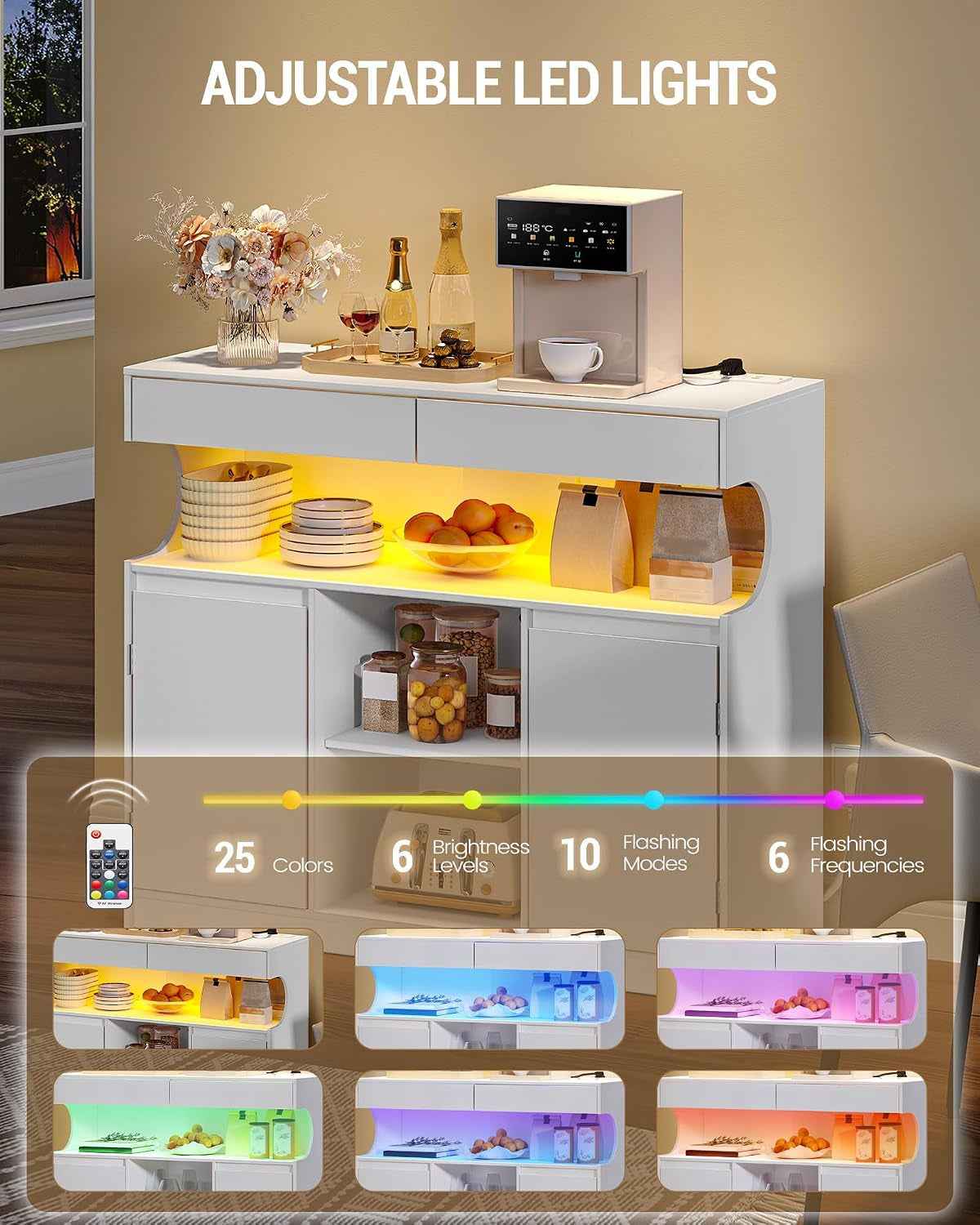 Meuble Cuisine, Buffet, Avec Multiprise Et Éclairage LED | Meuble De Rangement, 2 Tiroirs Et 2 Portes, Placard, Cuisine, Salon, 35 X 100 X 85 Cm, Blanc SC64903X