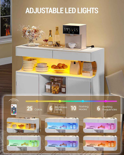 Meuble Cuisine, Buffet, Avec Multiprise Et Éclairage LED | Meuble De Rangement, 2 Tiroirs Et 2 Portes, Placard, Cuisine, Salon, 35 X 100 X 85 Cm, Blanc SC64903X