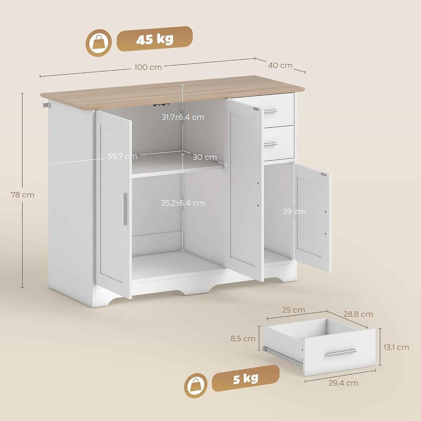 Buffet Salon 2 Tiroirs 3 Portes 100 X 40 X 78 Cm Blanc Bois Naturel | Meuble De Rangement, Étagère Réglable, Style Contemporain, Buffet Salle À Manger Et Cuisine