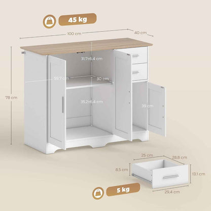 Buffet Salon 2 Tiroirs 3 Portes 100 X 40 X 78 Cm Blanc Bois Naturel | Meuble De Rangement, Étagère Réglable, Style Contemporain, Buffet Salle À Manger Et Cuisine