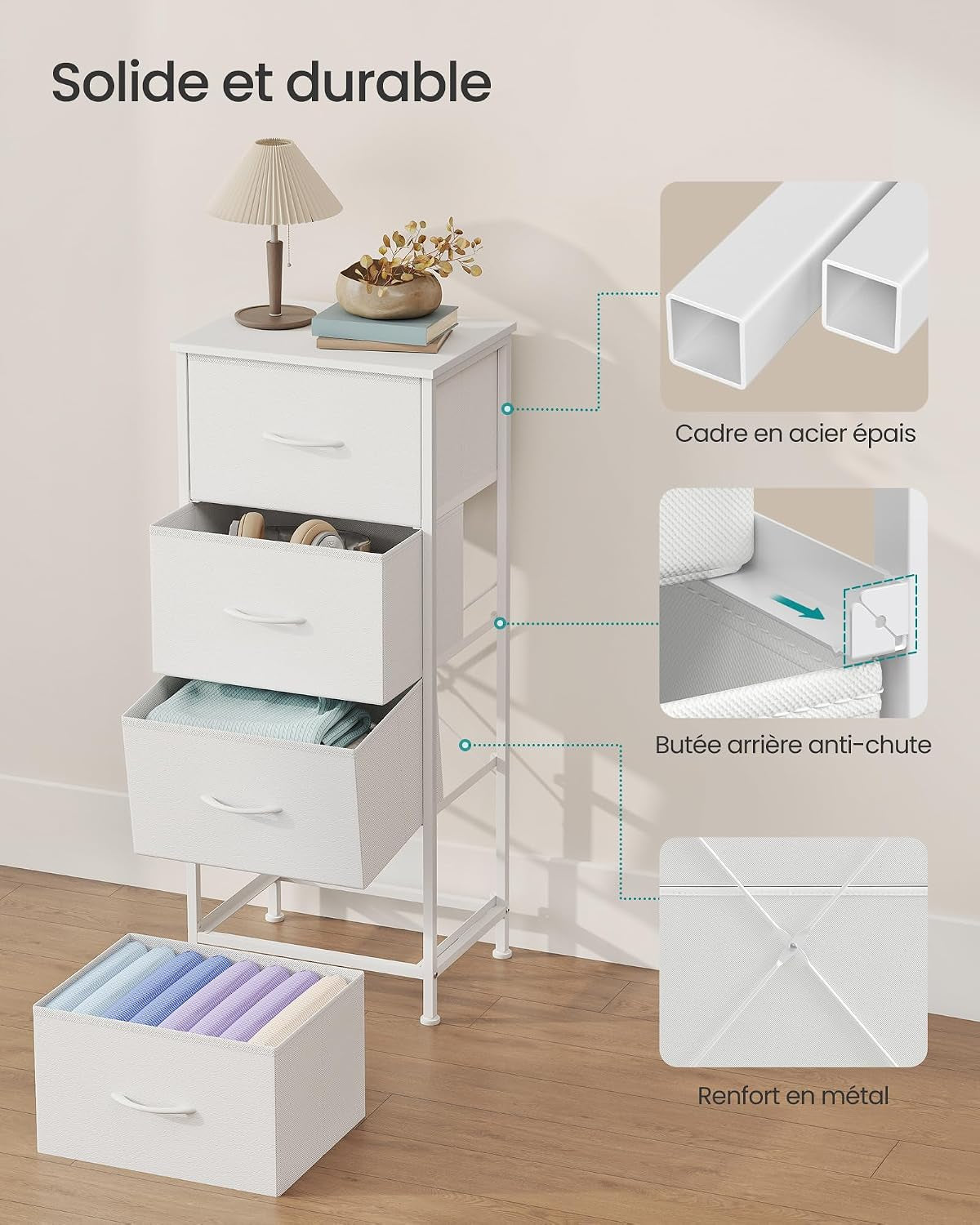 BELLAH Collection - Commode, Meuble De Rangement Pour Chambre, Couloir, Entrée, Salon, Cadre En Acier, 4 Tiroirs, Style Moderne, Blanc Nuage Et Blanc Neige LGS314WH01