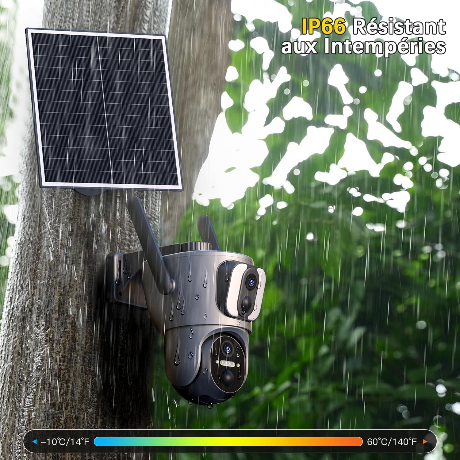 4G LTE Caméra Solaire【Double Objectif】Avec Carte Sim, 14400Mah Camera Extérieure Sans Fil, Détection De Personne 2K HD Inclinable 355°/100°, Autonome Sur Batterie,Vision Nocturne IP66 (Non Wifi)