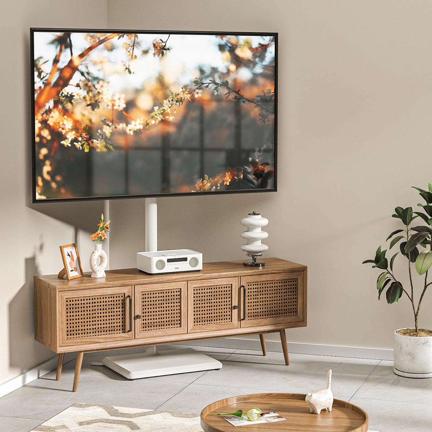 Support TV Au Sol Pour Téléviseurs De 32 À 60 Pouces, Support TV Haut Avec Pieds De Support, Support Tvs D'Angle Slim, Hauteur Réglable, Pivotant, Max VESA 400X400Mm Jusqu'À 40Kg