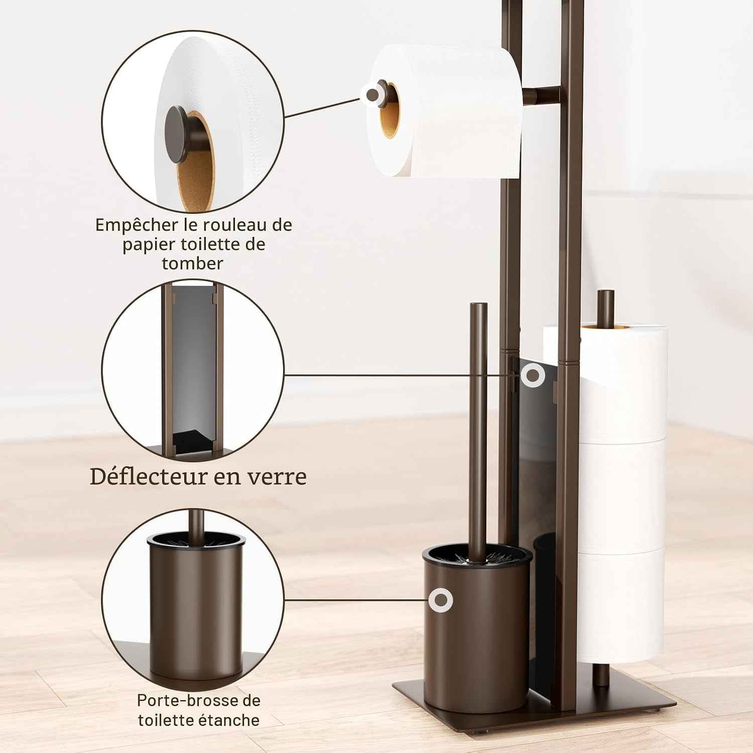 Porte-Papier Toilette En Acier Inoxydable Avec Brosse WC Et Étagère - Support Debout