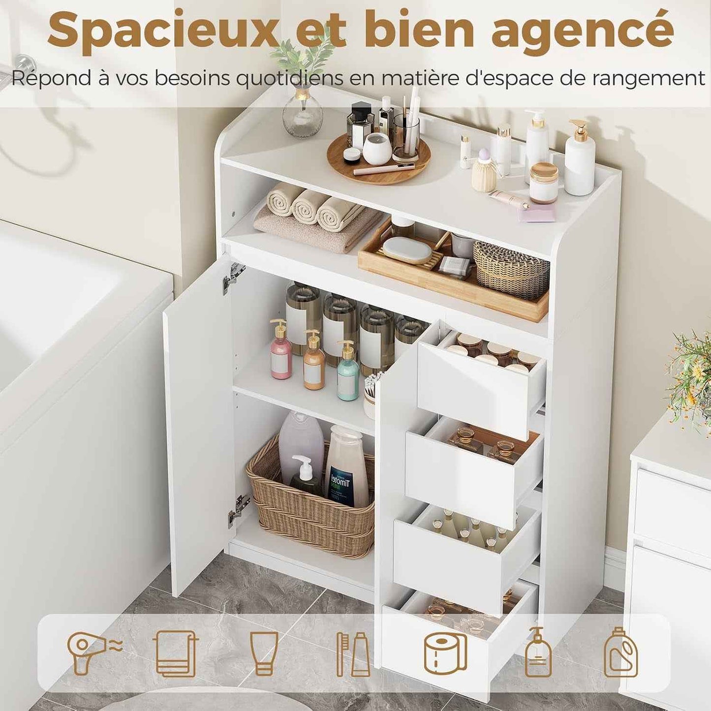 Meuble Salle De Bain, Armoire Sur Pied Haute Niveaux 110X80X30Cm | Meuble De Rangement Avec Étagère Réglable À 4 Tiroirs, 2 Portes, Commode, Pour Salon, Salle De Bain, Blanc SBC015W
