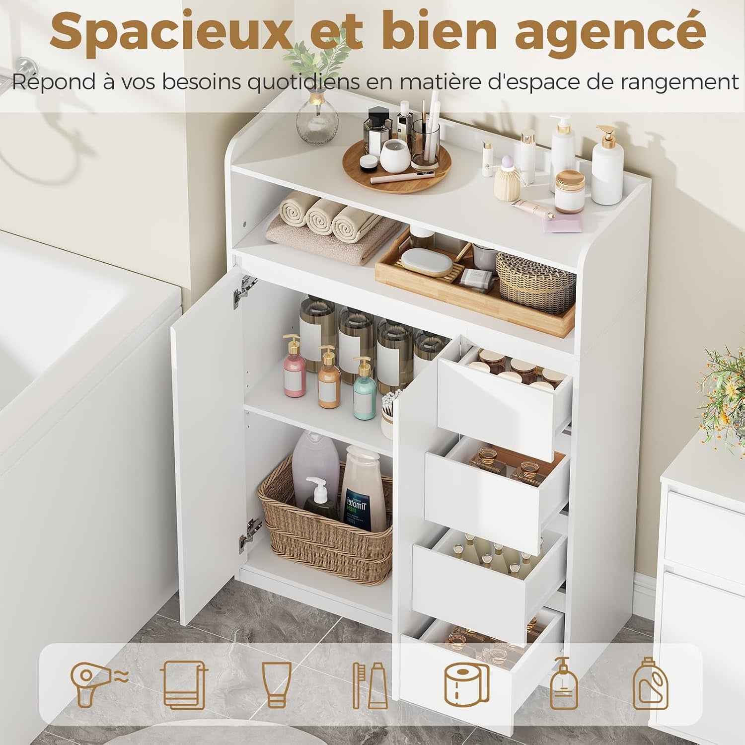Meuble Salle De Bain, Armoire Sur Pied Haute Niveaux 110X80X30Cm | Meuble De Rangement Avec Étagère Réglable À 4 Tiroirs, 2 Portes, Commode, Pour Salon, Salle De Bain, Blanc SBC015W