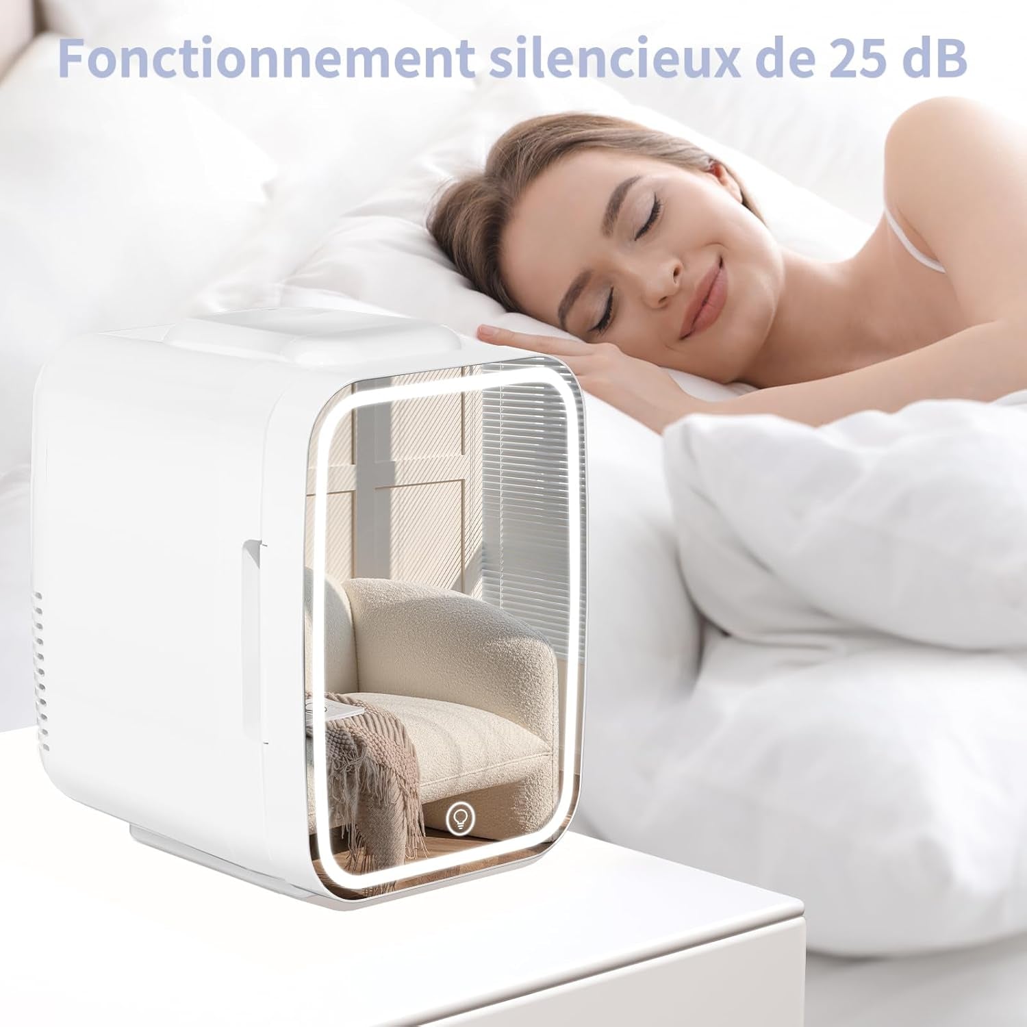 Mini Frigo Pour Chambre, Frigo Skincare Avec Miroir LED, Petit Frigo De 4L Portable, Thermoelectrique Chauffe & Refroidisseur 220V AC / 12V DC Pour Voiture, Bureau, Dortoir (Blanc)