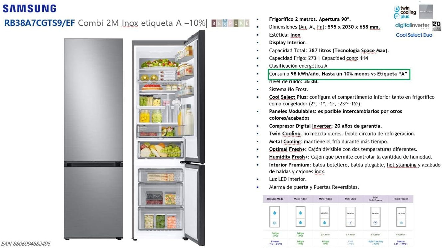 Réfrigérateur Congélateur Bas -  - RB38A7CGTS9 - 2 Portes - 387L - H203CM - a - Froid Ventilé plus - Metal Grey