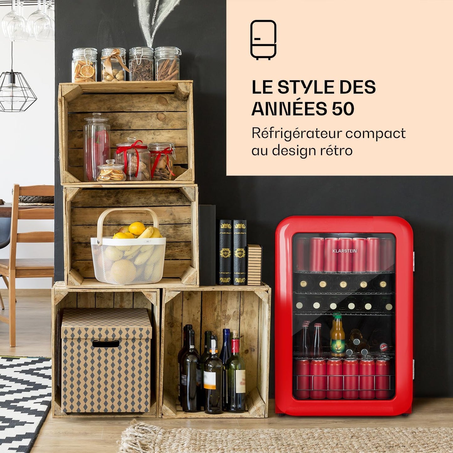 Poplife Refroidisseur De Boissons - Mini-Bar, Réfrigérateur Rétro, 0-10°C, Seulement 39 Db, 115 L, Écologique, Porte À Double Vitrage, Design Rétro, Rouge