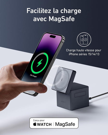 Cube De Charge 3 En 1 Avec Chargeur Magsafe | Puissance Maximale Sans Fil 15W, Compatible Avec Les Séries Iphone 17 16 15 14, Apple Watch Série 1-7/Se, Et Airpods Pro