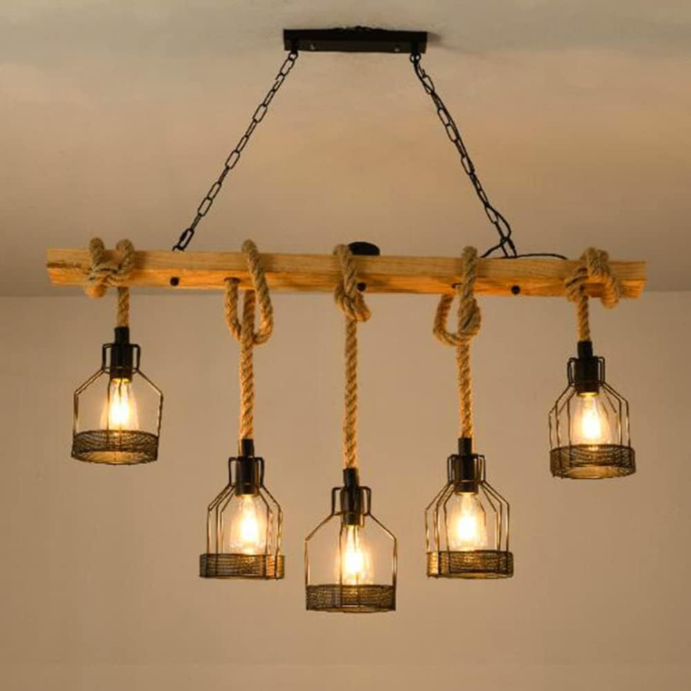 Suspension Rétro Lampe Suspendue Bois Antique E27 Lampe De Salle À Manger Lustre En Corde De Chanvre Chaîne Métallique Industrielle Restaurant Pays Chambre Salon Plafonnier 5 Flammes
