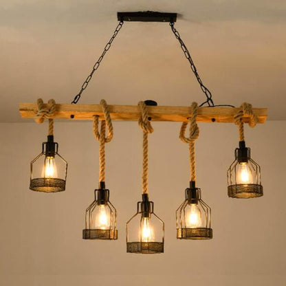 Suspension Rétro Lampe Suspendue Bois Antique E27 Lampe De Salle À Manger Lustre En Corde De Chanvre Chaîne Métallique Industrielle Restaurant Pays Chambre Salon Plafonnier 5 Flammes