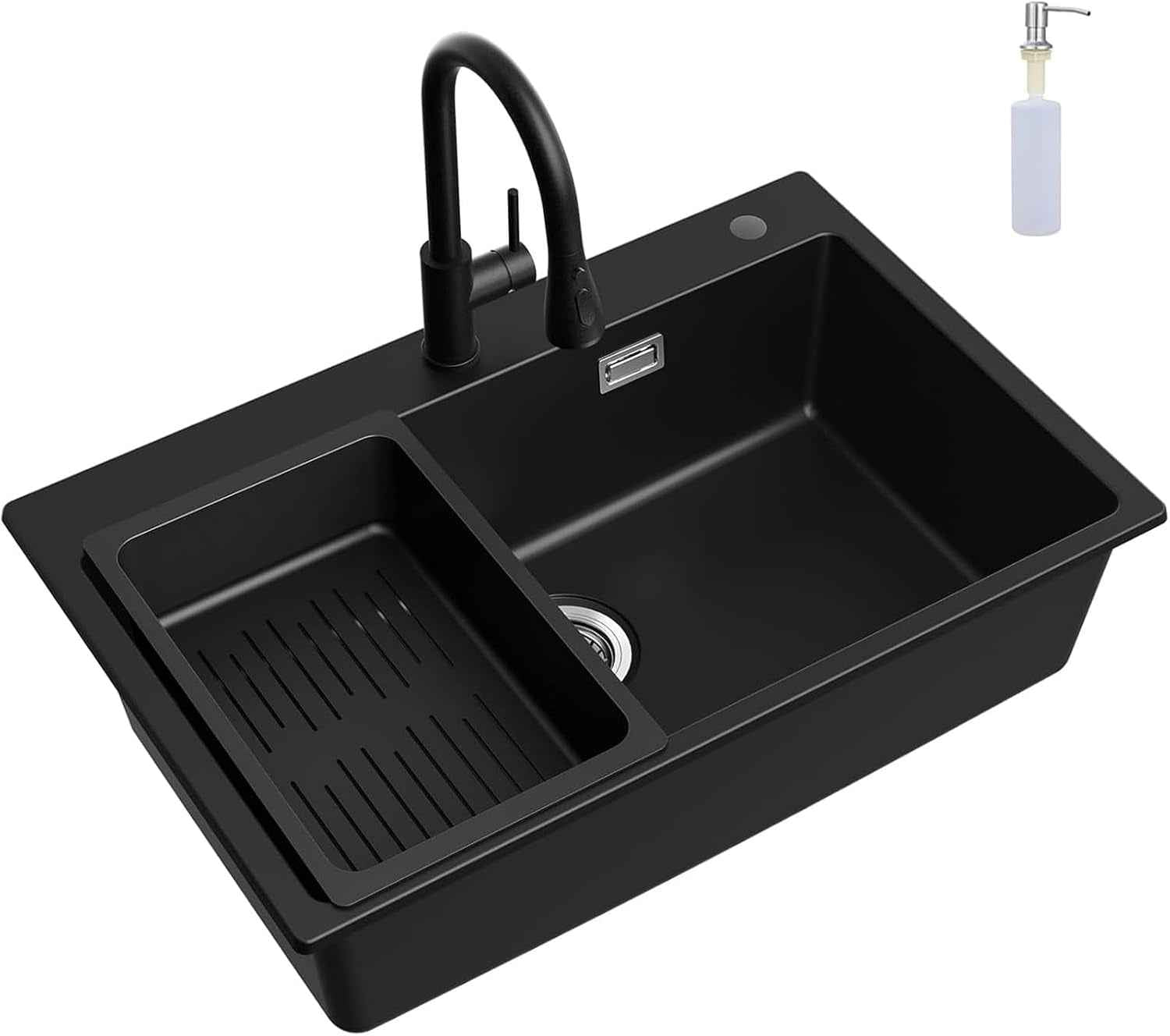 Évier De Cuisine Noir 70 X 45 X 20 Cm Avec Robinet Noir Extensible En Granit Avec Bonde Et Trop-Plein, 1 Bac Encastrable À Partir De 80 Cm De Largeur D'Armoire, Évier De Cuisine Avec Robinet